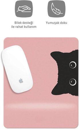 HobiShop(105) Pembe Kedi Çizimli Bilek Destekli Dikdörtgen Mouse Pad Mouse Altlığı. Pembe