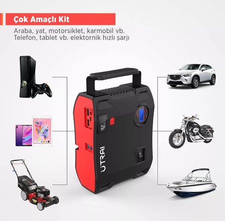 Jstar 5 24000mAh 2000A Jump Starter + Lastik Şişirme Pompası Taşınabilir Akü Takviye Cihazı (Çanta + LCD Ekran + Powerbank + Led Lamba)