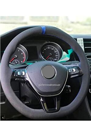 Volkswagen Polo 2017 > Uyumlu Dikmeli Direksiyon Kılıfı Alcantara Mavi Yüzüklü