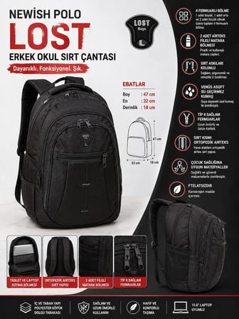 Newish Polo Erkek Okul Sırt Çantası Lost - Siyah Gri