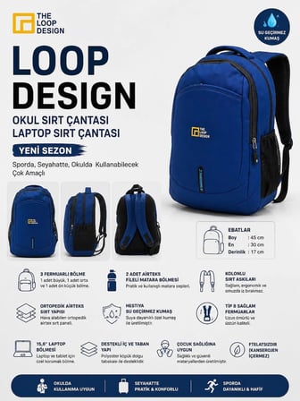 LOOP DESİGN OKUL SIRT ÇANTASI-LAPTOP SIRT ÇANTASI (YENİ SEZON)-LACİVERT
