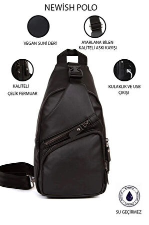 NEWİSH POLO YIKAMA DERİ ÇAPRAZ SIRT ÇANTASI-BODY BAG USB VE KULAKLIK ÇIKIŞLI