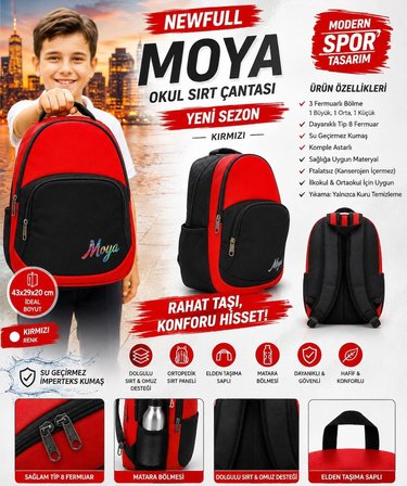 NEWFULL MOYA OKUL SIRT ÇANTASI (YENİ SEZON)-EKONOMİK KIRMIZI