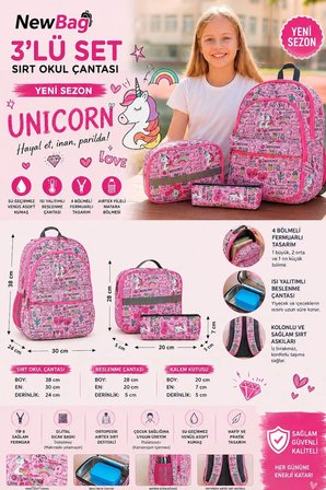 NewBag UNİCORN KIZ SIRT OKUL ÇANTASI-3'LÜ SET  (YENİ SEZON)