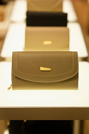 NEWİSH POLO ZARF MODEL KAPAKLI FERMUARLI KADIN PORTFÖY CÜZDAN-BÜYÜK BOY-ALTIN