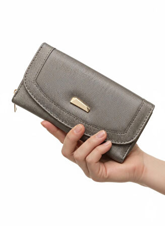 NEWİSH POLO ZARF MODEL KAPAKLI FERMUARLI KADIN PORTFÖY CÜZDAN-BÜYÜK BOY-BRONZ