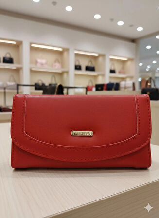 NEWİSH POLO ZARF MODEL KAPAKLI FERMUARLI KADIN PORTFÖY CÜZDAN-BÜYÜK BOY-KIRMIZI