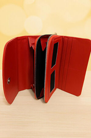 NEWİSH POLO ZARF MODEL KAPAKLI FERMUARLI KADIN PORTFÖY CÜZDAN-BÜYÜK BOY-KIRMIZI