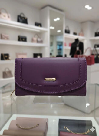 NEWİSH POLO ZARF MODEL KAPAKLI FERMUARLI KADIN PORTFÖY CÜZDAN-BÜYÜK BOY-MOR