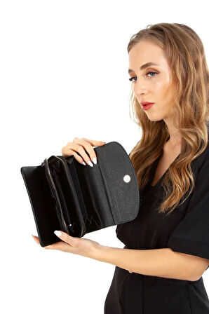 NEWİSH POLO ZARF MODEL KAPAKLI FERMUARLI KADIN PORTFÖY CÜZDAN-BÜYÜK BOY-SİYAH