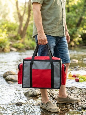 NEWBAG YANDAN CEPLİ YALITIMLI SOĞUTUCU  EL ASKILI TAŞINABİLİR KAMP PİKNİK ÇANTASI-ORTA BOY-GRİ KIRMIZI