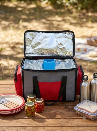 NEWBAG YANDAN CEPLİ YALITIMLI SOĞUTUCU  EL ASKILI TAŞINABİLİR KAMP PİKNİK ÇANTASI-ORTA BOY-GRİ KIRMIZI