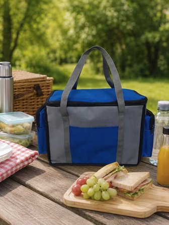 NEWBAG YANDAN CEPLİ YALITIMLI SOĞUTUCU  EL ASKILI TAŞINABİLİR KAMP PİKNİK ÇANTASI-ORTA BOY-GRİ MAVİ