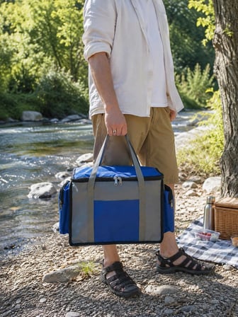 NEWBAG YANDAN CEPLİ YALITIMLI SOĞUTUCU  EL ASKILI TAŞINABİLİR KAMP PİKNİK ÇANTASI-ORTA BOY-GRİ MAVİ