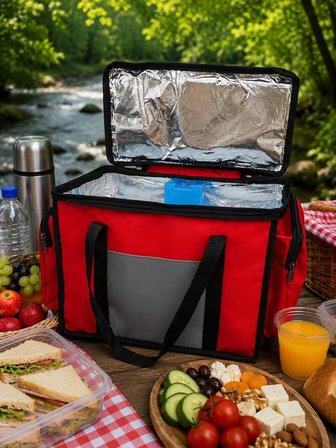 NEWBAG YANDAN CEPLİ YALITIMLI SOĞUTUCU  EL ASKILI TAŞINABİLİR KAMP PİKNİK ÇANTASI-ORTA BOY-KIRMIZI GRİ