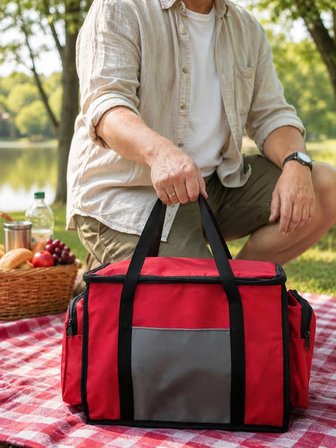 NEWBAG YANDAN CEPLİ YALITIMLI SOĞUTUCU  EL ASKILI TAŞINABİLİR KAMP PİKNİK ÇANTASI-ORTA BOY-KIRMIZI GRİ
