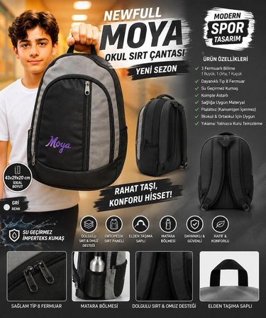 NEWFULL MOYA OKUL SIRT ÇANTASI (YENİ SEZON)-EKONOMİK SİYAH GRİ