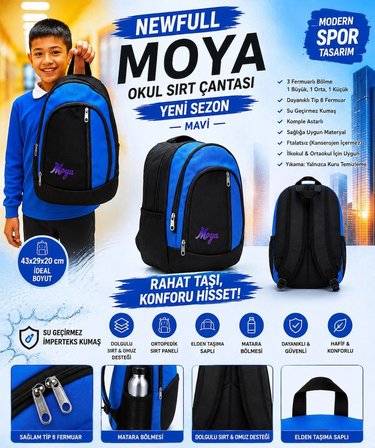 NEWFULL MOYA OKUL SIRT ÇANTASI (YENİ SEZON)-EKONOMİK SİYAH MAVİ