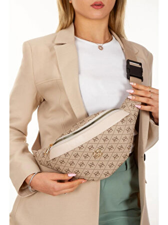 Newish Polo Kadın Desenli Çapraz Omuz Askılı Bel ve Omuz Çantası Free Bag Bej