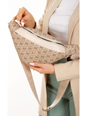 Newish Polo Kadın Desenli Çapraz Omuz Askılı Bel ve Omuz Çantası Free Bag Bej