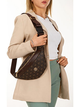 Newish Polo Kadın Desenli Çapraz Omuz Askılı Bel ve Omuz Çantası Free Bag Koyu Kahve