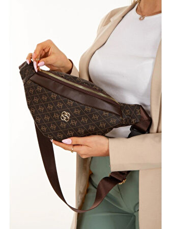 Newish Polo Kadın Desenli Çapraz Omuz Askılı Bel ve Omuz Çantası Free Bag Koyu Kahve
