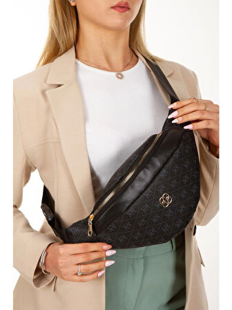 Newish Polo Kadın Desenli Çapraz Omuz Askılı Bel ve Omuz Çantası Free Bag Siyah