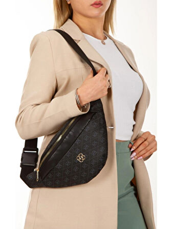 Newish Polo Kadın Desenli Çapraz Omuz Askılı Bel ve Omuz Çantası Free Bag Siyah