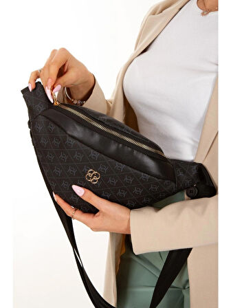 Newish Polo Kadın Desenli Çapraz Omuz Askılı Bel ve Omuz Çantası Free Bag Siyah