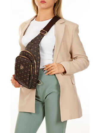 NEWİSH POLO DESENLİ KADIN ÇAPRAZ TEK KOL GÖĞÜS VE OMUZ SIRT ÇANTASI-CROSSBODY BAG KOYU KAHVERENGİ