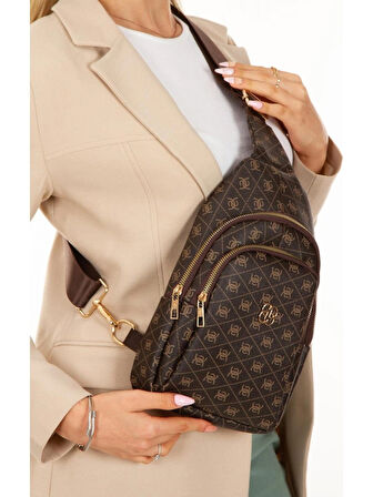 NEWİSH POLO DESENLİ KADIN ÇAPRAZ TEK KOL GÖĞÜS VE OMUZ SIRT ÇANTASI-CROSSBODY BAG KOYU KAHVERENGİ