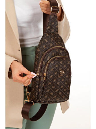 NEWİSH POLO DESENLİ KADIN ÇAPRAZ TEK KOL GÖĞÜS VE OMUZ SIRT ÇANTASI-CROSSBODY BAG KOYU KAHVERENGİ