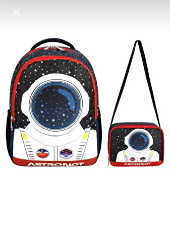 NEWFULL ASTRONOT BASKILI ERKEK SIRT OKUL ÇANTASI-2'Lİ SET (YENİ SEZON)-SİYAH KIRMIZI 
