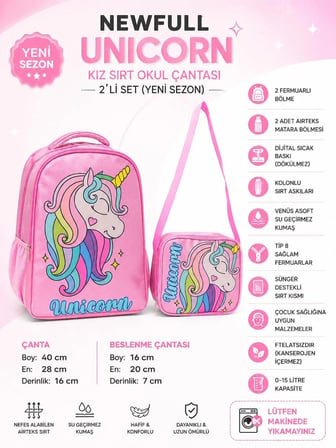 NEWFULL UNİCORN BASKILI KIZ SIRT OKUL ÇANTASI-2'Lİ SET (YENİ SEZON)-AÇIK PEMBE