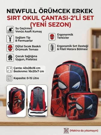 NEWFULL ÖRÜMCEK BASKILI Erkek Çocuk  SIRT OKUL ÇANTASI-2'Lİ SET (YENİ SEZON)-KIRMIZI LACİVERT