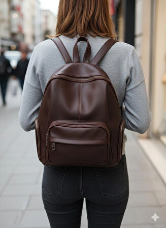 NEWİSH POLO DONNA BAYAN MODEL SIRT ÇANTASI-YIKAMA SUNİ DERİ KOYU KAHVE