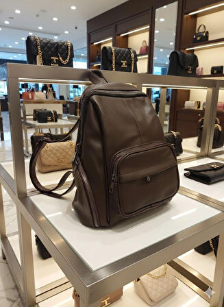 NEWİSH POLO DONNA BAYAN MODEL SIRT ÇANTASI-YIKAMA SUNİ DERİ KOYU KAHVE