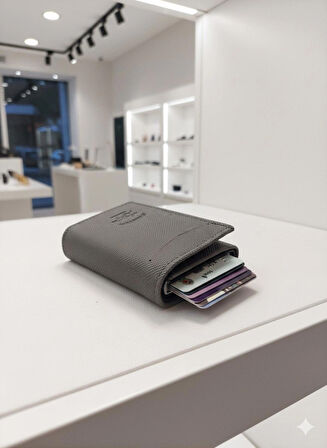 NEWİSH POLO RFİD ÖZELLİKLİ PATLI MEKANİZMALI CÜZDAN KARTLIK -DOKULU SUNİ DERİ GRİ