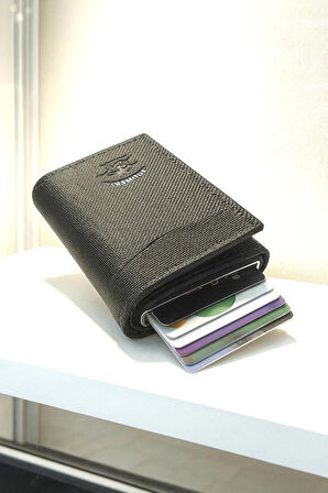 NEWİSH POLO RFİD ÖZELLİKLİ PATLI MEKANİZMALI CÜZDAN KARTLIK -DOKULU SUNİ DERİ SİYAH