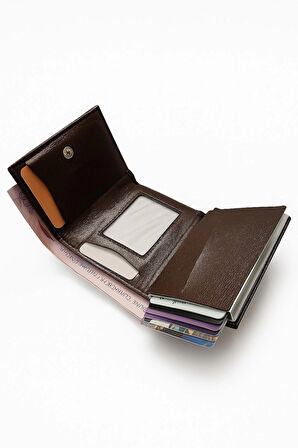 NEWİSH POLO RFİD ÖZELLİKLİ PATLI MEKANİZMALI CÜZDAN KARTLIK -DOKULU SUNİ DERİ KOYU KAHVE