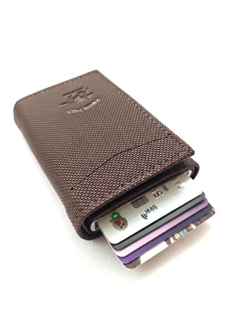 NEWİSH POLO RFİD ÖZELLİKLİ PATLI MEKANİZMALI CÜZDAN KARTLIK -DOKULU SUNİ DERİ KOYU KAHVE