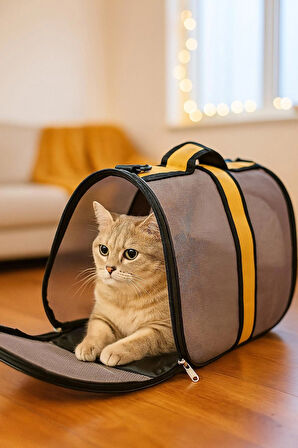 NEWFULL KEDİ TAŞIMA ÇANTASI SEYAHAT EVCİL HAYVAN ÇANTASI FİLELİ BÜYÜK BOY SARI