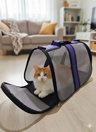 NEWFULL KEDİ TAŞIMA ÇANTASI SEYAHAT EVCİL HAYVAN ÇANTASI FİLELİ BÜYÜK BOY LACİVERT