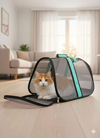 NEWFULL KEDİ TAŞIMA ÇANTASI SEYAHAT EVCİL HAYVAN ÇANTASI FİLELİ BÜYÜK BOY MAVİ