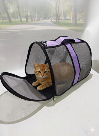 NEWFULL KEDİ TAŞIMA ÇANTASI SEYAHAT EVCİL HAYVAN ÇANTASI FİLELİ BÜYÜK BOY LİLA