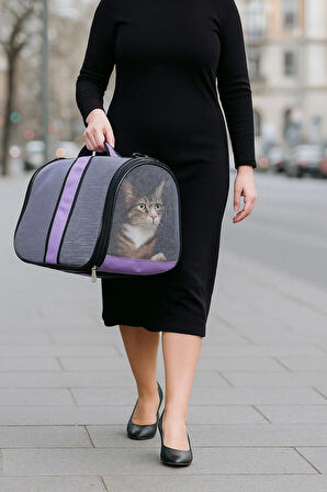 NEWFULL KEDİ TAŞIMA ÇANTASI SEYAHAT EVCİL HAYVAN ÇANTASI FİLELİ BÜYÜK BOY LİLA