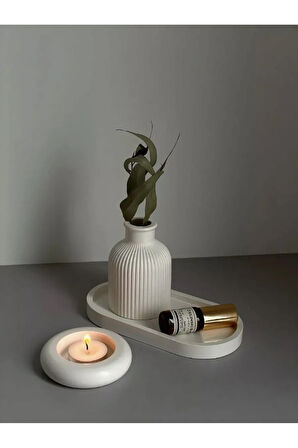 Seramik Vazo, Tealight Mumluk ve Dekoratif Tepsi Seti - Beyaz Minimal Tasarım