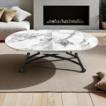 Oval Ortadan Açılır Akıllı Masa Üst Mdf Beyaz Mermer Alt Ayak Siyah Renk