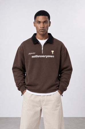 Erkek Not For Everyone Nakışlı Polo Yaka Oversize Sweatshirt Kahve