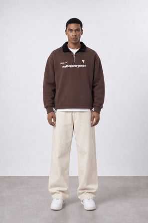 Erkek Not For Everyone Nakışlı Polo Yaka Oversize Sweatshirt Kahve